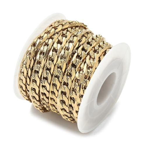 16.4 Feet(5m) 304 Stainless Steel Cuban Chain Roll Curb Chains Unfinished Gold Plated Roll for Men Women Jewelry Making DIY Crafts - 9x6mm