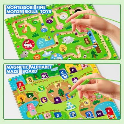 2 in 1 Magnetic Color and Number Maze Magnet Alphabet Counting Double Sided Board Wood Puzzle Fine Motor Skills Montessori Preschool Toys Gifts for Boys and Girls 3