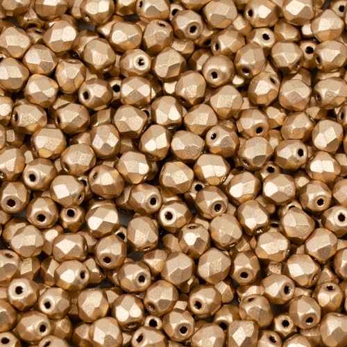 1.8 oz (50g, Approx. 600pcs) Faceted Fire Polished Pressed Czech Glass Beads 4mm (0.16in), Aztec Pale Gold - 01710 (600 Count)