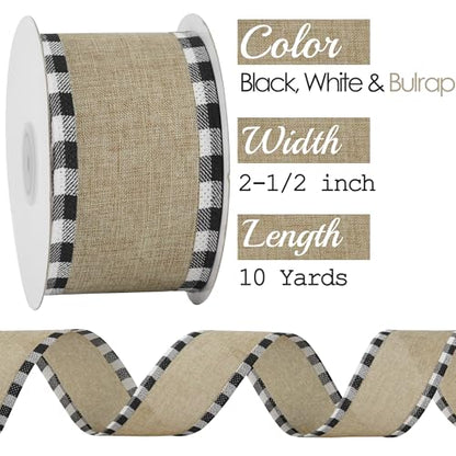 Burlap Christmas Ribbon Wired 2.5 Inch Plaid with Black and White Checkered Edging 10 Yards for Christmas Tree and Wreath Making (30 Foot)