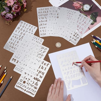 9PCS Metal Stencils Wood Burning Tool Stencil Metal Letter Stencils for Journaling Engraving Stencil for Engraving Pen Wood Carving Drawing Scrapbooking Journal Craft DIY (9 Count)