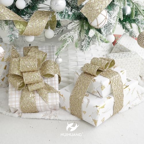 Glitter Champagne Wired Christmas Ribbon 2.5 inch x 10 Yards (30 Foot)
