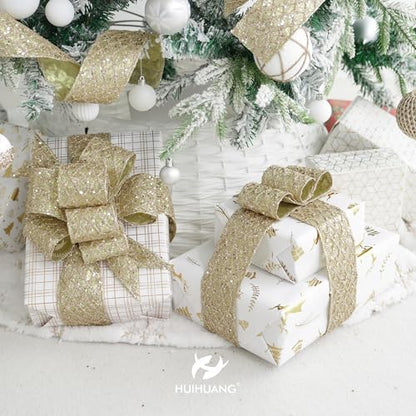 Glitter Champagne Wired Christmas Ribbon 2.5 inch x 10 Yards (30 Foot)