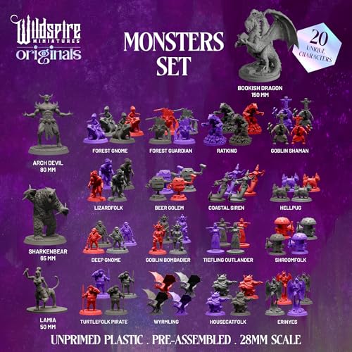 Fantasy Monsters & Bookish Dragon for DND Miniatures Unpainted Bulk 28mm (64 Count)