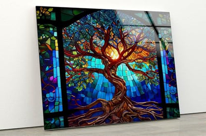 60WX40H'' Stained Blue Life of Tree Glass Wall ArtTempered Glass Printing Wall Decor Large Wall Art Wall Hangings