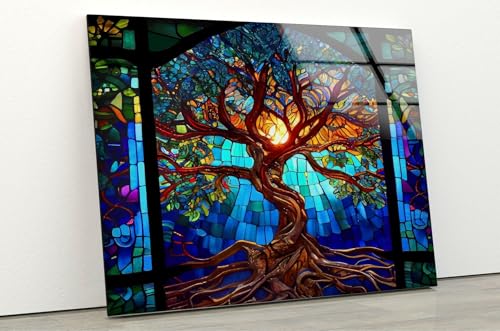 Round 24'' Stained Blue Life of Tree Glass Wall ArtTempered Glass Printing Wall Decor Large Wall Art Wall Hangings