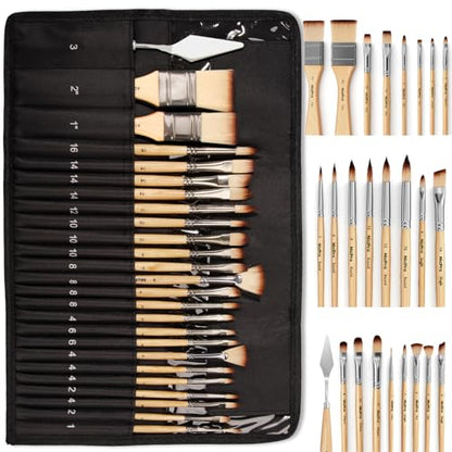 26pcs Professional Paint Brush Set with Palette Knife & Canvas Roll (26 Count)