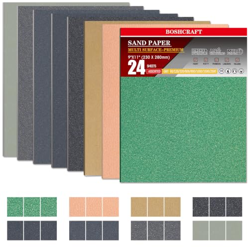 24 PCS 9" x 11" Wet Dry Sand Paper Assortment for Wood Metal Automotive (24 Count)