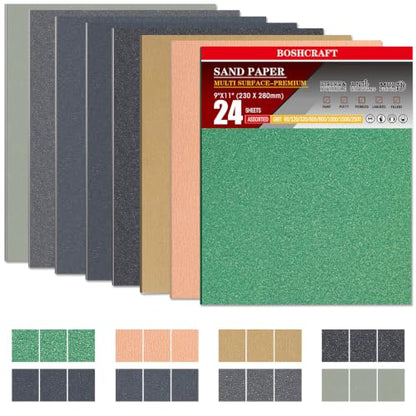 24 PCS 9" x 11" Wet Dry Sand Paper Assortment for Wood Metal Automotive (24 Count)
