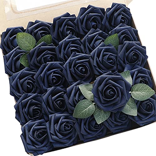 Artificial Flowers 25pcs Real Looking Navy Blue Foam Fake Roses with Stems for DIY Wedding Bouquets Bridal Shower Centerpieces Party Tables Home Decorations (25 Count)