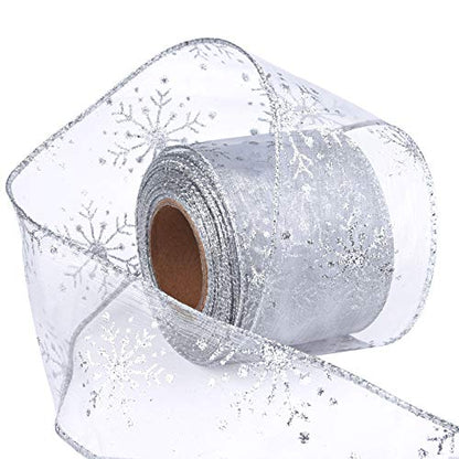 2.5 Inch Wide Christmas Wired Ribbon Snowflake Organza Sheer Glitter Ribbon for Xmas Tree (32.7 Foot)