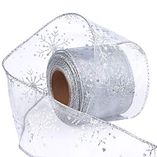 2.5 Inch Wide Christmas Wired Ribbon Snowflake Organza Sheer Glitter Ribbon for Xmas Tree (32.7 Foot)