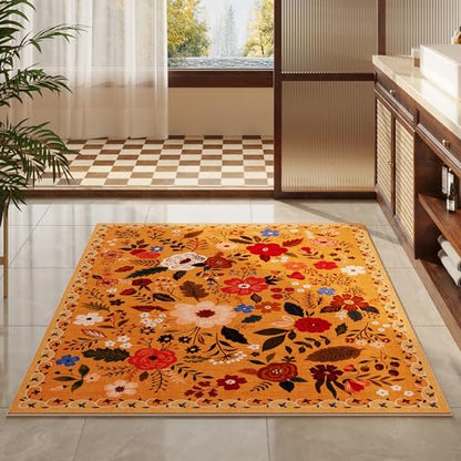 Area Rug 4x6 Rug Washable Boho Rugs Non Slip Low Pile Floral Small Carpet for Bedroom