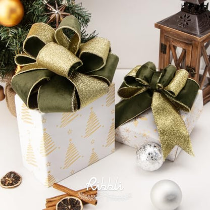 Dark Moss Velvet Wired Ribbon 2.5 Inch Moss Green Velvet with Gold Glitter Christmas Ribbon for Christmas Tree Decoration Big Bow Gift Wrapping Crafts Wreaths Supplies (30 Foot)