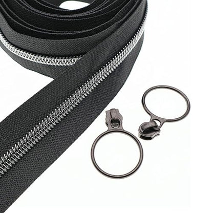5 Black Nickel Metallic Nylon Coil Teeth Zippers by the Yard Bulk 10 Yards Black Zipper Tape with 25pcs Black Nickel Ring Pull Sliders for DIY Sewing Tailor Craft Bag