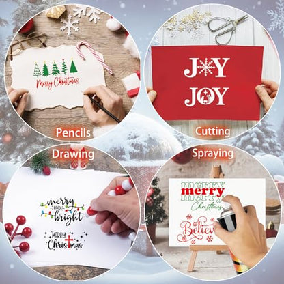 16pcs Merry Christmas Stencils for Card Making Reusable Drawing Believe Christmas Stencils for Painting on Wood Signs (16 Count)