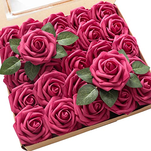 Artificial Flowers 25pcs Real Looking Fuchsia Foam Fake Roses with Stems for DIY Wedding Bouquets Bridal Shower Centerpieces Floral Arrangements Party Tables Home Decorations (25 Count)