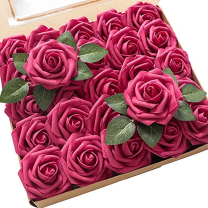Artificial Flowers 25pcs Real Looking Fuchsia Foam Fake Roses with Stems for DIY Wedding Bouquets Bridal Shower Centerpieces Floral Arrangements Party Tables Home Decorations (25 Count)
