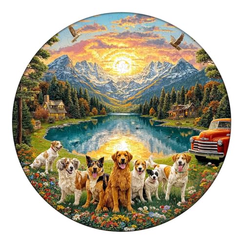 Dogs Puzzles Mountain Landscape Sunset Forest Flowers Round Puzzle Adults Gifts for Women Men Wooden 270 Pieces 13.4 * 13.4in Wall Art Decor