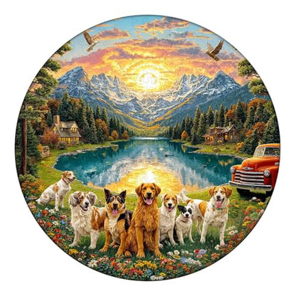 Dogs Puzzles Mountain Landscape Sunset Forest Flowers Round Puzzle Adults Gifts for Women Men Wooden 270 Pieces 13.4 * 13.4in Wall Art Decor
