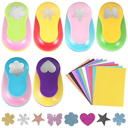 6 Pcs Colorful Craft Hole Punch with 10 Glitter Cardstock Papers