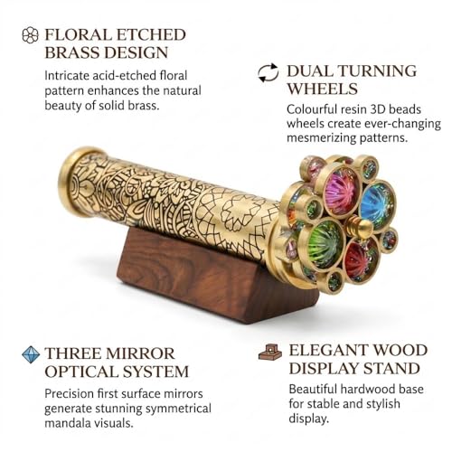 Handcrafted Etched Floral Pattern Lacquered Brass Kaleidoscope Includes Two Separate Turning Wheels
