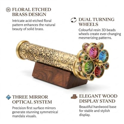 Handcrafted Etched Floral Pattern Lacquered Brass Kaleidoscope Includes Two Separate Turning Wheels