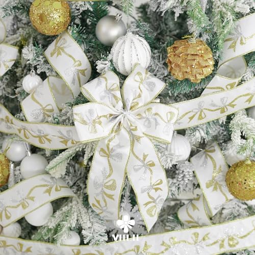 Gold and Silver Christmas Ribbon 2.5 Inch White Satin Ribbons with Gold and Silver Glittery Bows Pattern 10 Yards Christmas Wired Ribbon for Tree (30 Foot)