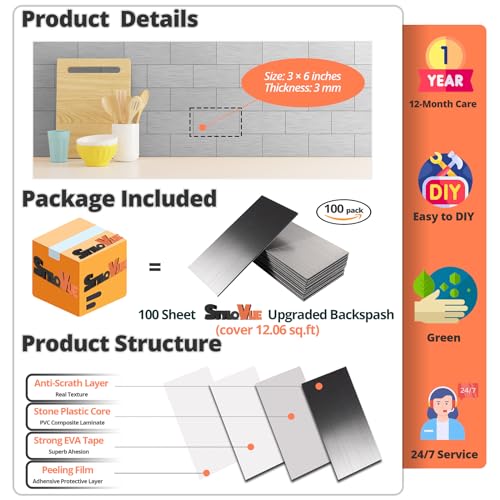 100 Pieces Peel and Stick Backsplash for Kitchen (12.08 Sq Ft)