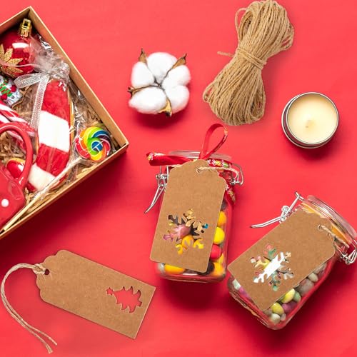 150 Pieces Christmas Paper Gift Tags Brown Kraft Tags Hang Labels Christmas Tree Snowflake Reindeer Design with 30 Meters Jute Twine for Christmas DIY Wrapping Favor Holiday Present (150 Count)