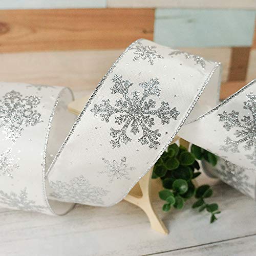 White Satin with Silver Snowflake Wired Ribbon 2.5 Inch x 10 Yards for Christmas Home Decor Tree Topper Bow Gift Wrapping DIY Crafts Wreath Garland (30 Foot)