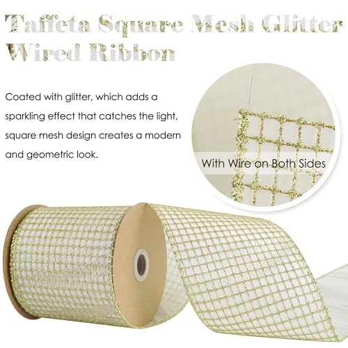 Gold Square Mesh Wired Christmas Ribbon 4 inch x 10 Yards (30 Foot)