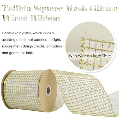 Gold Square Mesh Wired Christmas Ribbon 4 inch x 10 Yards (30 Foot)