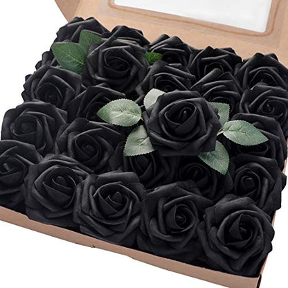 Artificial Flowers 50pcs Real Looking Black Foam Fake Roses with Stems for DIY Wedding Bouquets Centerpieces Arrangements Party Tables Home Halloween Decorations (50 Count)