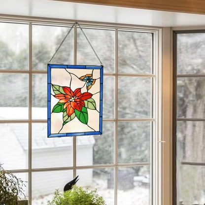 PA0020 Stained Glass Window Panel Tiffany Style Poinsettia Butterfly Suncatcher