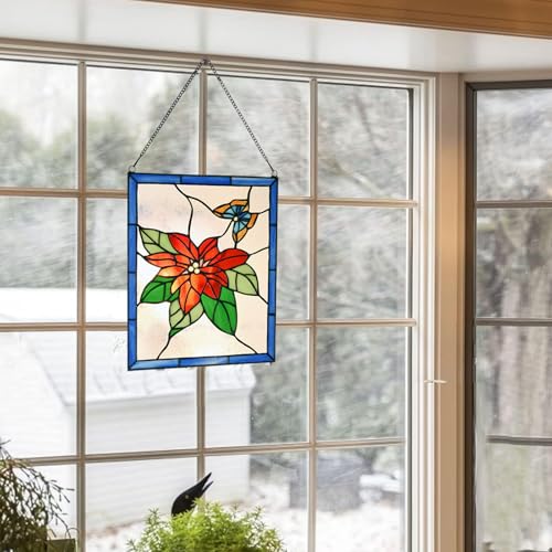 PA0020 Stained Glass Window Panel Tiffany Style Poinsettia Butterfly Suncatcher