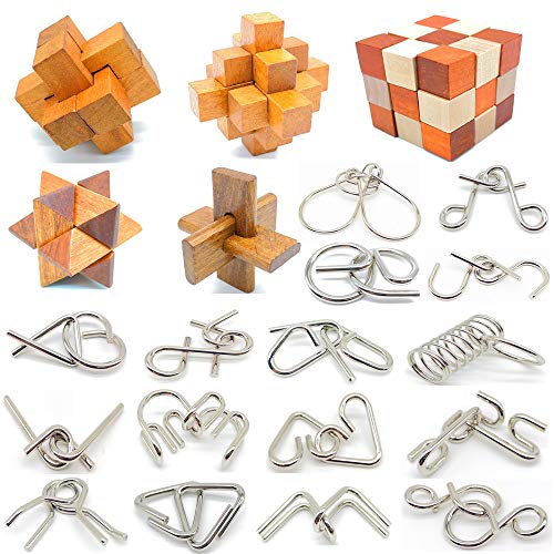 Brain Teasers with The Puzzles 21Pcs Unlock Interlock Game IQ Test Toy 3D Wooden and Metal for Party Favor Kids Adults Challenge (21 Count)