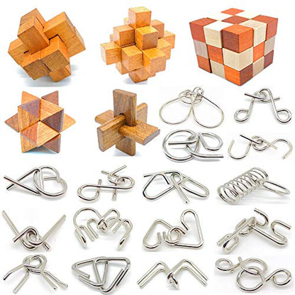 Brain Teasers with The Puzzles 21Pcs Unlock Interlock Game IQ Test Toy 3D Wooden and Metal for Party Favor Kids Adults Challenge (21 Count)