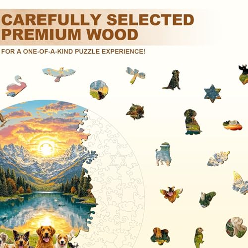 Dogs Puzzles Mountain Landscape Sunset Forest Flowers Round Puzzle Adults Gifts for Women Men Wooden 270 Pieces 13.4 * 13.4in Wall Art Decor