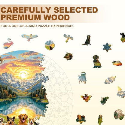 Dogs Puzzles Mountain Landscape Sunset Forest Flowers Round Puzzle Adults Gifts for Women Men Wooden 270 Pieces 13.4 * 13.4in Wall Art Decor