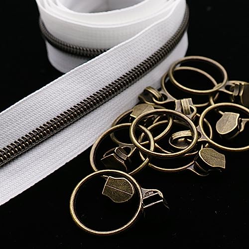 5 Antique Brass Metallic Nylon Coil Zippers by the Yard Bulk 10 Yards White Zipper Tape with 25pcs Antique Brass Ring Pull Sliders for DIY Sewing Tailor Craft Bag