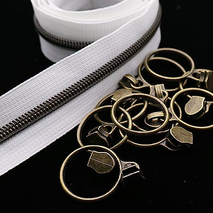 5 Antique Brass Metallic Nylon Coil Zippers by the Yard Bulk 10 Yards White Zipper Tape with 25pcs Antique Brass Ring Pull Sliders for DIY Sewing Tailor Craft Bag