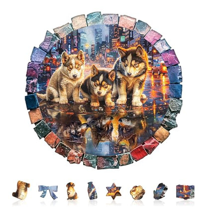 Puppies Puzzles Dog Neon Mosaic Creative Shaped City Nightscape Round Puzzle Adults Gifts for Women Men Wooden 100 Pieces 8.5 * 8.5in