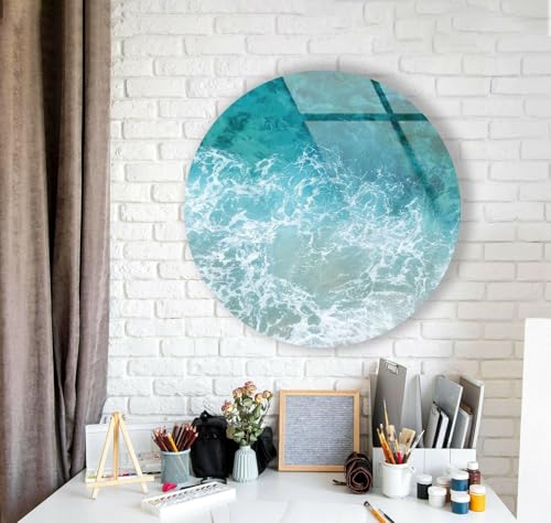 39,4''(100cm) Diameter Sea Waves Round Glass Wall Art Tempered Glass Printing Wall Decor Large Wall Art Wall Hangings