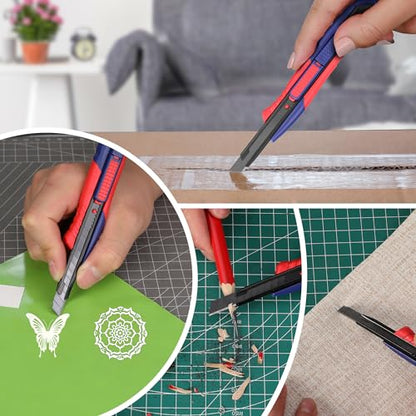 2-In-1 Safety Utility Knife Retractable Snap-off blade, Metal Box Cutter Set, Razor Knife Exacto Craft Knives, with 10 Extra 9mm Blades, Pack of 3