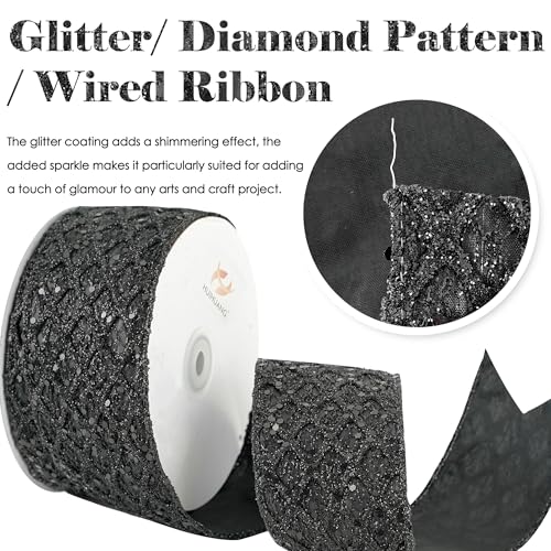 Glitter Black Diamond Wired Christmas Ribbon 2.5 inch x 10 Yards (30 Foot)
