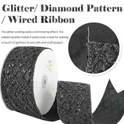 Glitter Black Diamond Wired Christmas Ribbon 2.5 inch x 10 Yards (30 Foot)