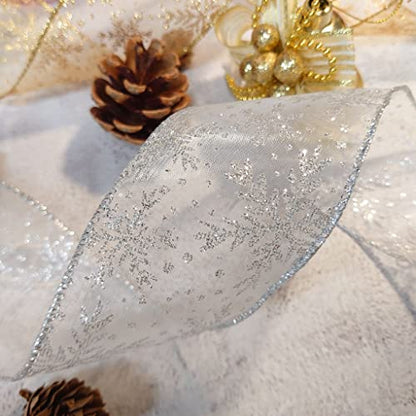 Organza with Silver Glitter Snowflakes Wired Ribbon 2.5 inch x 50 Yards for Christmas Home Decor Tree Topper Bow Gift Wrapping DIY Crafts Wreath Garland Wedding (150 Foot)