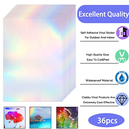 36 Sheets Holographic Sticker Paper A4 Vinyl Holographic Laminate Sheets Self Adhesive Waterproof Transparent Film