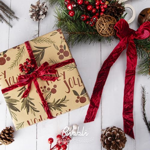 Dark Red Velvet Ribbon 1 Inches Luxury Crinkled Red Christmas Ribbon for Gift Wrapping Crafts Home Decor